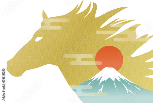 午年の年賀状テンプレート　馬と富士山と日の出