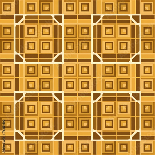 A seamless repeating pattern of parquet flooring with a geometric design in shades of brown and yellow.
