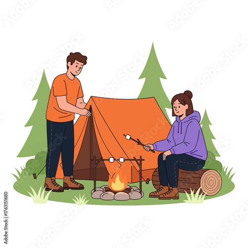 Illustration of a man and woman camping in the woods, roasting marshmallows over a campfire.