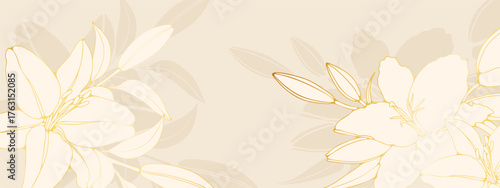 Golden lily flower hand drawn on white background vector. Luxury illustration for decoration, wall decor, wallpaper, cover, banner, package, card.