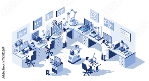 Isometric illustration of a team of scientists working at laboratory desks with various equipment and computers in a monochromatic blue and white setting.