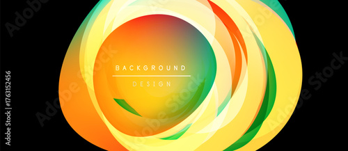 Abstract vibrant layers create circular design. Yellow, orange, green hues blend seamlessly. Text reads background design. Modern aesthetic.