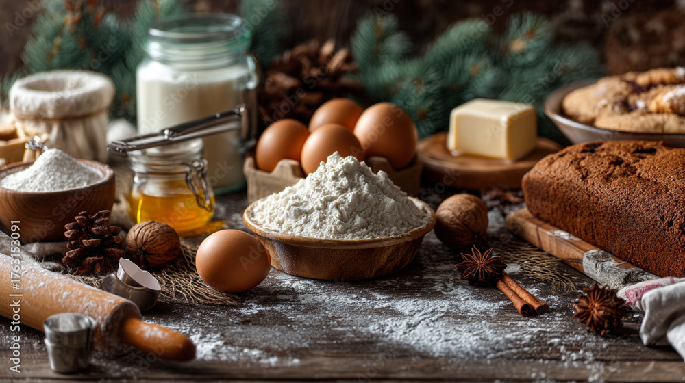 Fototapeta premium Baking ingredients and baked goods on a rustic wooden surface scene