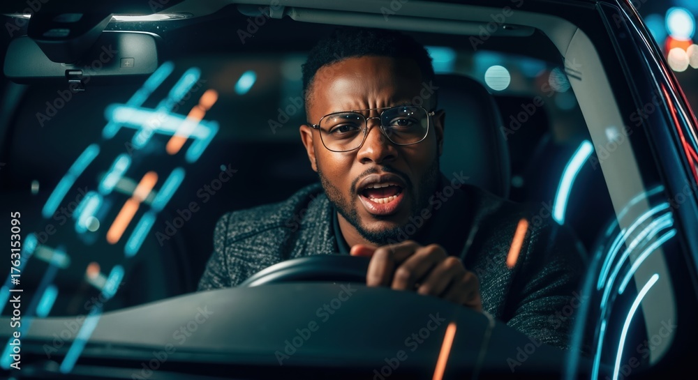 Obraz premium Stressed Black man driving a car at night. Frustrated driver with an angry expression yelling in traffic. Urban commute and road rage concept