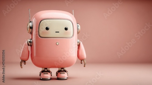 Charming pink robot character with a friendly white face representing a virtual companion for branding concepts