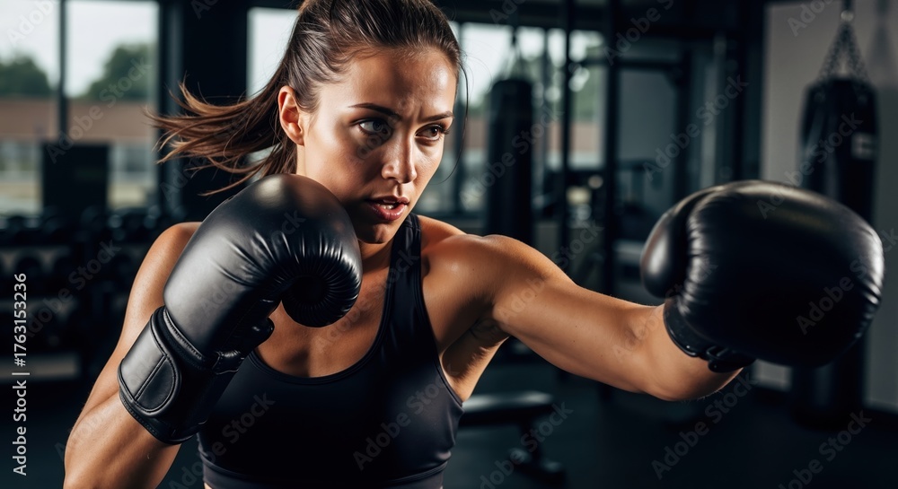 Fototapeta premium Strong athletic woman boxing in a gym. Female fighter with gloves punching during a fitness workout. Strength and determination training concept