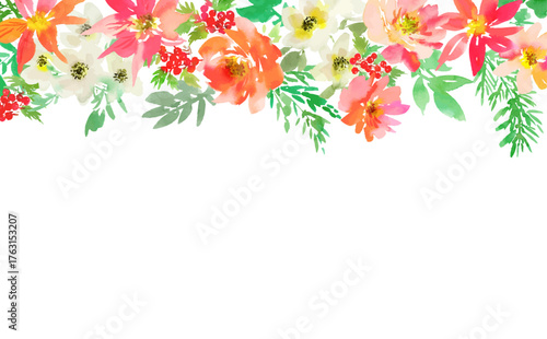 Hand-painted watercolor Christmas botanical background for banners, web, and social media. Winter floral illustration for postcards.