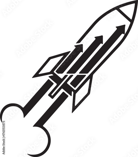  a stylized black and white rocket with arrows inside, symbolizing rapid growth and forward movement