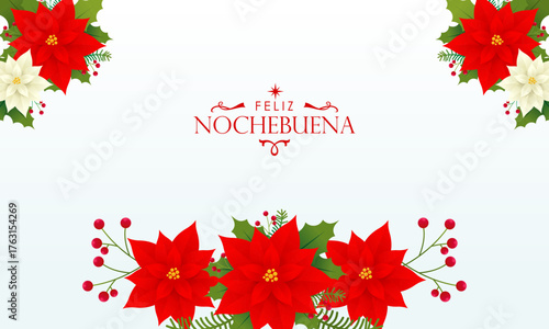 Feliz Nochebuena Christmas Floral Background with Red Poinsettia and Greenery Decoration