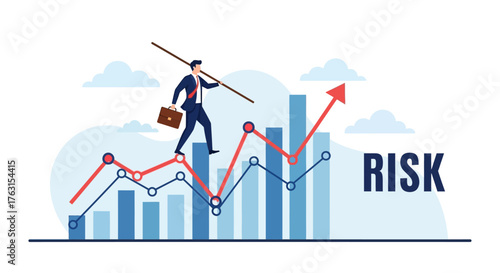 Businessman navigating risk graph with upward arrow and briefcase