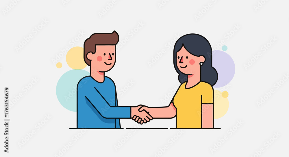 Fototapeta premium Business People Handshaking Vector Illustration. Man and Woman Agreement, Partnership, or Deal Concept.