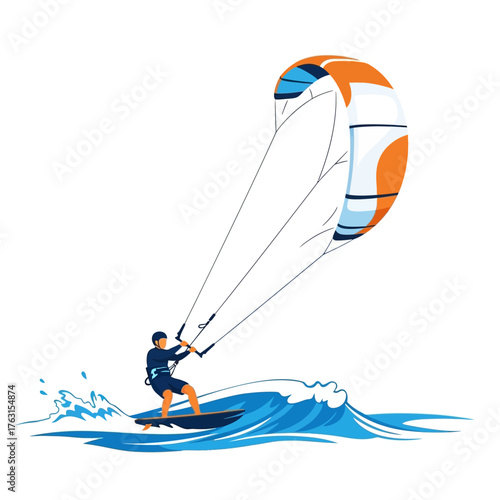 Illustration of a kitesurfer riding a wave with an orange and white kite