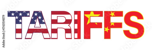Tariffs text with American and Chinese flag. USA and China tariff conflict. Transparent PNG and vector
