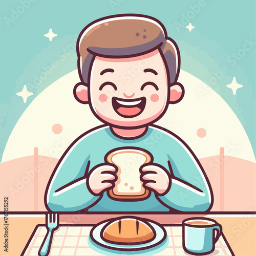 Illustration of a man having bread for breakfast