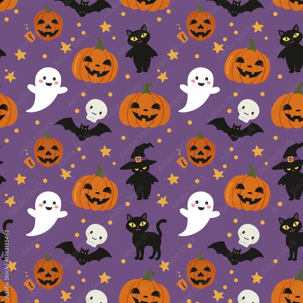 Naklejka premium Seamless pattern of Halloween pumpkins ghosts bats and cats