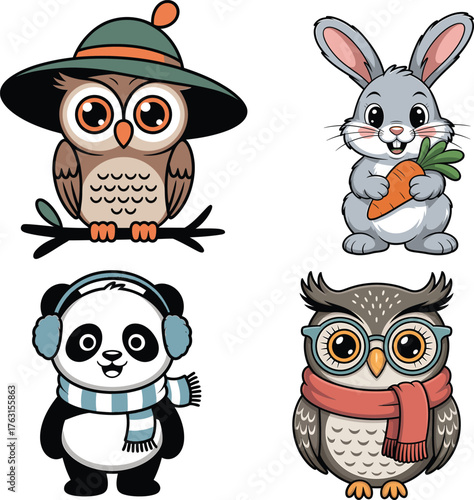 Cute owl wearing hat bunny with carrot panda with earmuffs owl with glasses vector