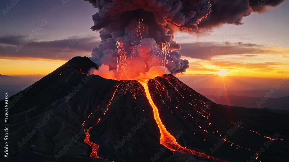 Volcano Erupted volcano erupts with glowing lava and ash, fiery volcano erupts ...