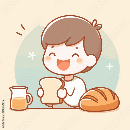 Illustration of a small child having bread for breakfast