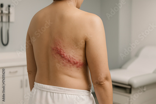 Photorealistic 3D medical scene of shingles (herpes zoster), adult torso turned away from camera (no face visible), unilateral dermatomal vesicular rash along right thoracic flank, mild erythema
