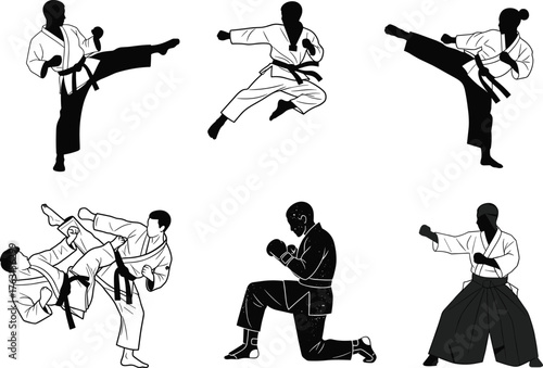 Martial arts fighters silhouette illustration practicing karate and judo techniques, self defense training, combat sport movement, discipline vector design