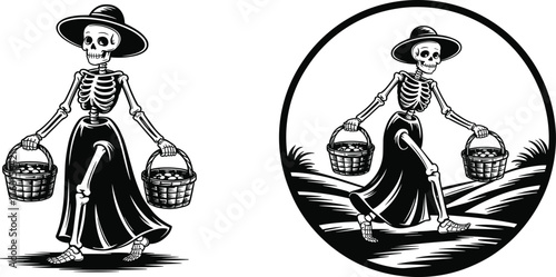 Skeleton woman carrying baskets illustration, vintage Halloween death concept, gothic skeleton art design with hat and skirt, spooky retro vector drawing