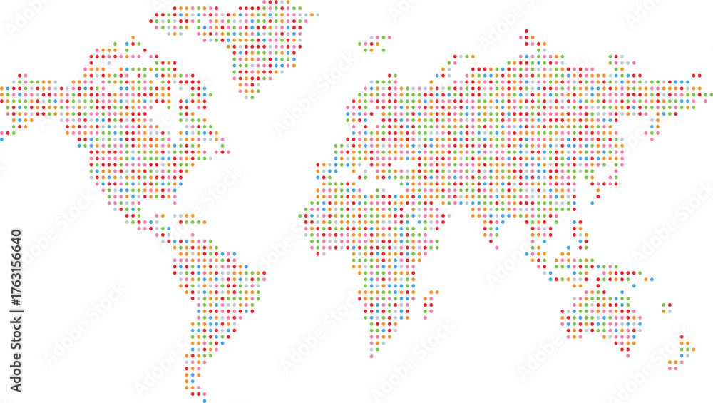 Fototapeta premium Map of the world with dots. Abstract world map created with colorful halftone dots on a transparent background.