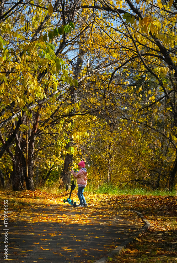 Fototapeta premium Child girl having fun outdoors. Riding push scooter in autumnal park, countryside. Active healthy lifestyle. Remote location. Beautiful colorful October