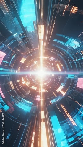 Abstract futuristic tunnel background animation with neon light glow effect and motion graphics