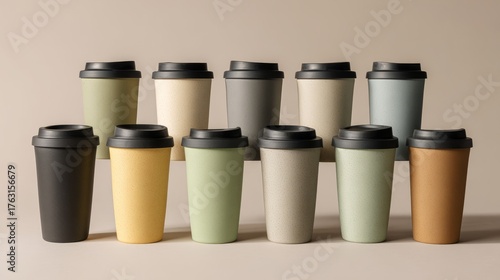 Wallpaper Mural Sustainable travel mugs in soft pastel tones with black lids, arranged symmetrically on neutral background, minimal design, clean shadows Torontodigital.ca