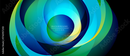 Abstract design features swirling blue, green layers. Central text reads background design. Vivid colors create dynamic visual effect.