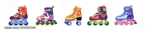 Roller skates, rollerblades set. Rollerskates, quad boots in retro style. Wheeled shoes, boots. Summer sports activity equipment, footwear. Flat vector illustration isolated on white background
