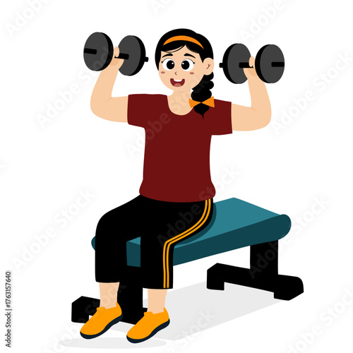 Young Woman Lifting Heavy Barbell Vector. Female athletes or gym instructors lifting heavy barbell on white background. Girls characters with resistance fitness bands and dumbbells