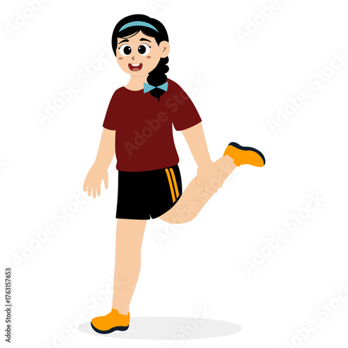 Woman doing quadriceps stretch, cool-down exercise. Balance pose, flexibility improvement. Flat vector illustration isolated on white background, warm-up movement for sports