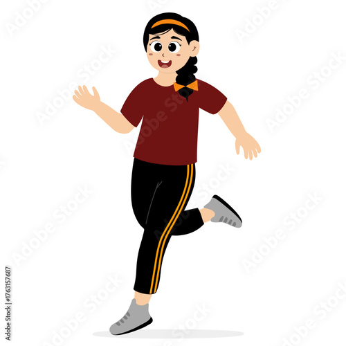 Girl running. Happy active girl jogging. Runner, cardio exercise, workout. Smiling female jogger training in sport shorts and sneakers. Flat vector illustration isolated on white background