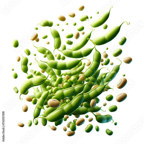 Green bean seeds floating isolated on white background
