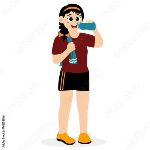 Young athlete drinking water after exercise, resting in exercise, girl drinking after exercise