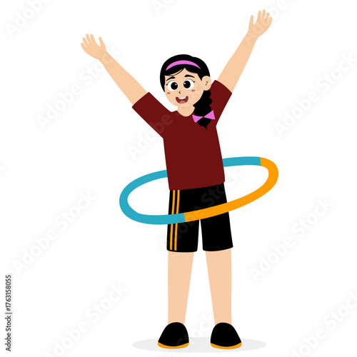 Girls playing hula hoop for sports, gym, fitness purposes.