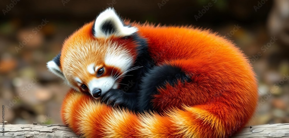 Naklejka premium Adorable red panda curled in a ball, fluffy tail wrapped around, claws, endangered