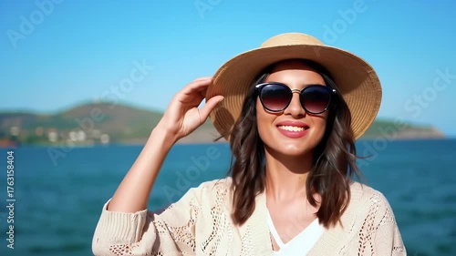 Smiling Woman in Straw Hat with Sunglasses on Sunny Beach Vacation Day