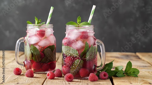 Two Glass Jars Filled with Raspberry Mint Ice Cubes on Wooden Table in Studio Light