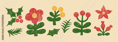 Crayon Folk Art. Floral Elements set. Christmas poinsettia, holly, Flower, plant and branches with rustic effect. Isolated Textured Hand Drawing doodles. Primitive Modern vector illustration. Not AI