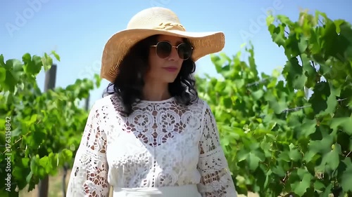 Woman in White Lace Dress and Straw Hat in a Vineyard on a Sunny Day