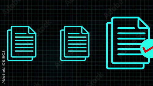Digital Document Approval Process Workflow Success Checkmark Icon Animation on Grid Background
