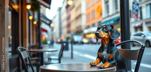 Fototapeta Naklejka Na Ścianę i Meble -  Miniature dachshund sits politely at a small cafe table outdoors in the city, street cafe, outside