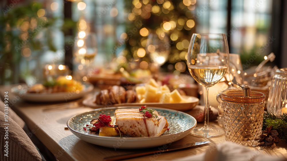 Fototapeta premium Festive christmas dinner table setting with wine and delicious food