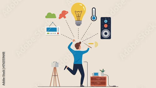 Person controlling smart home devices with lightbulb idea