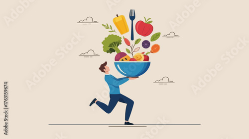 Man carries overflowing bowl of fresh fruits and vegetables