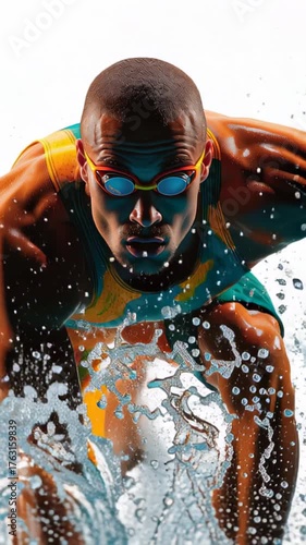 Swimmer showcases powerful dive in bright swimwear at a sports event