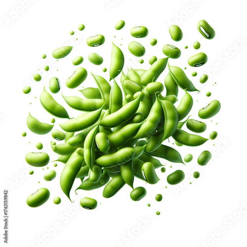 Green bean seeds floating isolated on white background