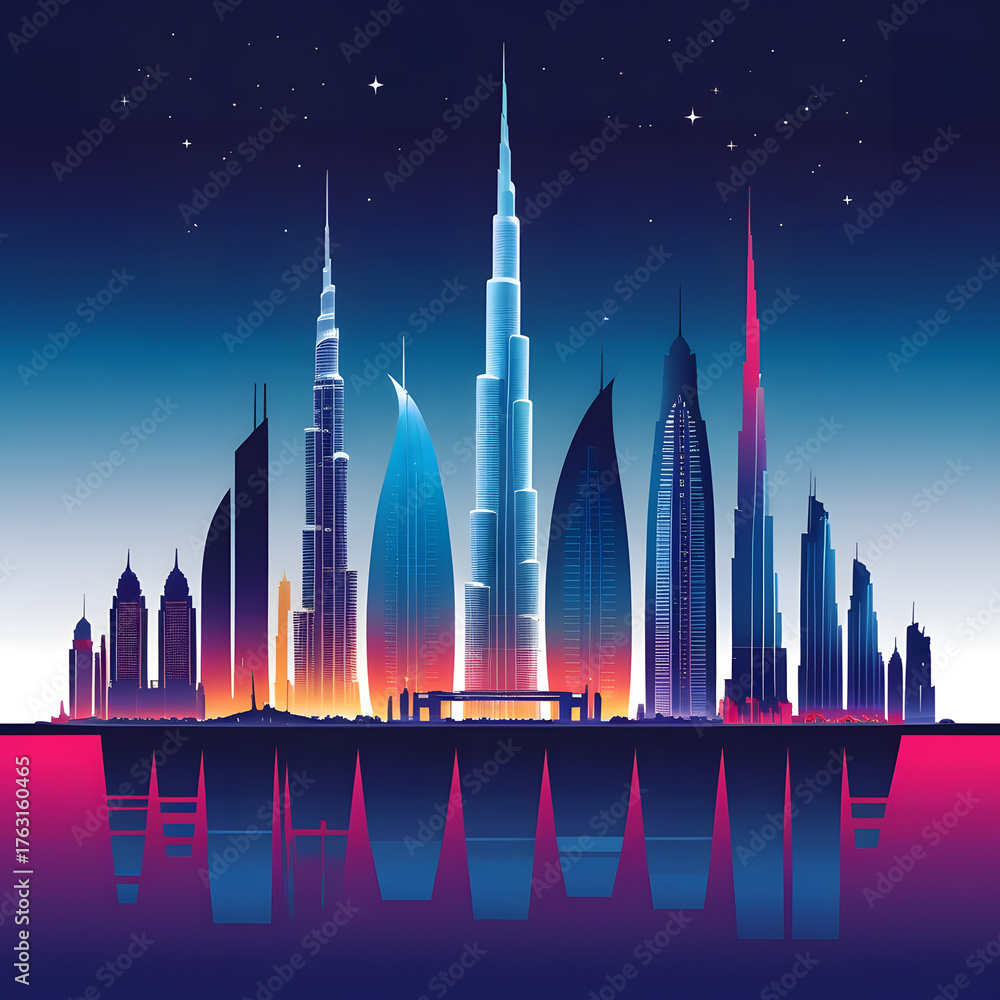 Fototapeta premium Futuristic USA City Skyline at Sunset Neon Urban Illustration, Modern Architecture, Sci-Fi Metropolis Concept Art.